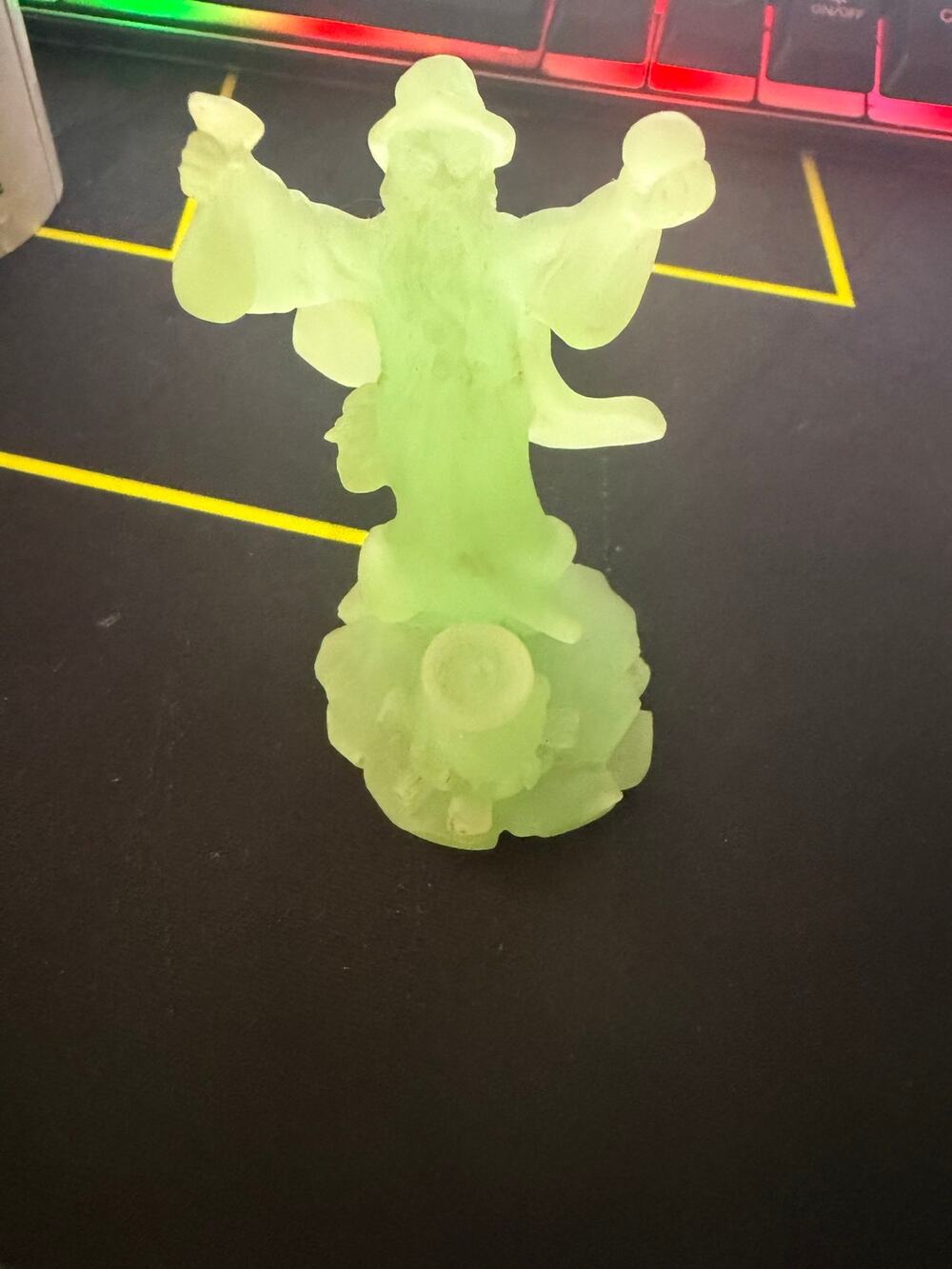 Vintage Frosted Green Glass Wizard Figurine Sorcerer with Cauldron Decor 3.5”